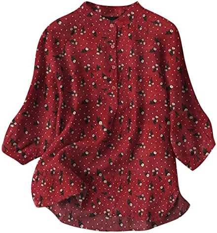 בתוספת גודל הנלי חולצות לנשים קומפי כותנה פשתן חולצות 3/4 שרוולים פרחוני הדפסת חולצה רופף בכושר חולצה