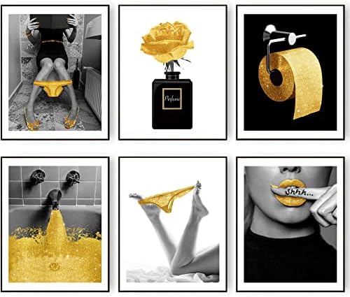 Hoozgee אופנה אמנות אמנות הדפסים תפאורה לחדר אמבטיה סט של 6 זהב גליטר נצנצים כרזות בד פוסטרים תמונות תמונות יצירות אמבטיה קיר שחור ולבן נשים מודרניות חדר אמבטיה מצחיק