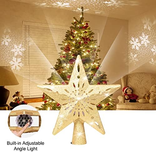 טופר עץ חג המולד, קישוטים לחג המולד לעץ, טופר עץ חג המולד מואר במקרן סיבוב של פלאק שלג כדור קסם, טופר עץ כוכבים לקישוטים לעץ חג המולד-זהב
