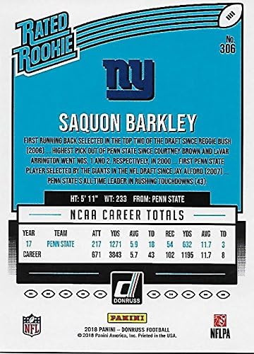 Saquon Barkley 2018 Donruss קצר מודפס מנטה מנטה כרטיס טירון 306 בתמונה 2 Traft Traft This 2 ב- Blue New York Giants Jersey שלו
