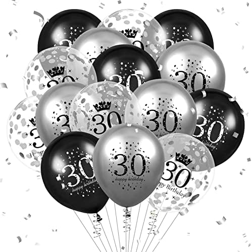 קישוטי בלוני יום הולדת 30 15 יחידות כסף שחור שמח מסיבת יום הולדת 30 לטקס בלוני קונפטי לגברים נשים 30 שנה מסיבת יום הולדת שמחה דקור וגינה 12 אינץ