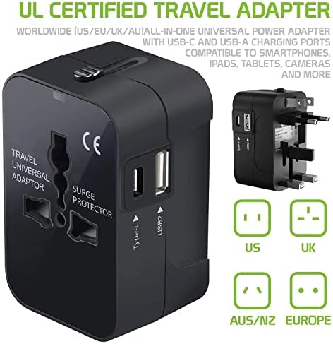 Travel USB פלוס מתאם כוח בינלאומי תואם ל- Lava Iris 405+ עבור כוח עולמי לשלושה מכשירים USB Typec, USB-A לנסוע בין ארהב/האיחוד האירופי/AUS/NZ/UK/CN