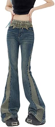 ג 'ינס לסרוג מכנסיים גבוהה מותן בציר טלאים התלקח ג' ינס פשוט ומתוחכם נשים למתוח ישר רגל