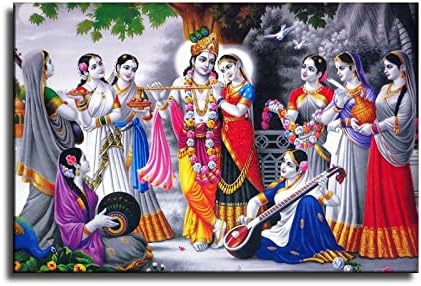 Bne Radha Krishna עם Ashta Sakhi Gopis Canvas Art Poster and Wall Art Pict