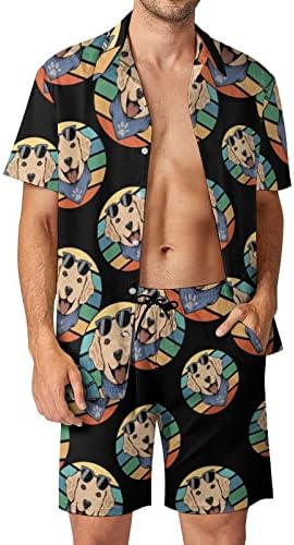 רטרו גולדן רטריבר כלב כלב גברים 2 חלקים תלבושות חוף כפתור הוואי למטה חולצה עם שרוול קצר וחליפות מכנסיים קצרים