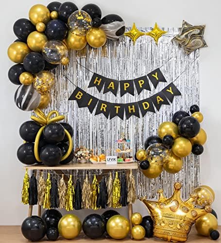 LFVIK קישוטי יום הולדת זהב שחור רקע ו ​​-4 גדלים סט מגורים של מפלגת זהב זריה שחורה, באנר ליום הולדת, בלוני כתר, וילונות כסף, ציצית, בלוני קונפטי זהב, לנשים למסיבת יום הולדת גברים