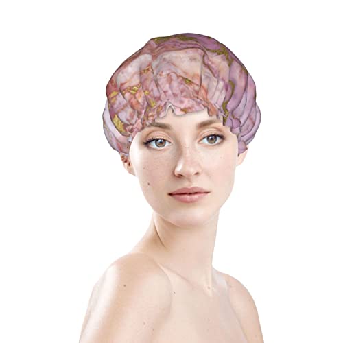 נשים לשימוש חוזר כובע שיער Hipster שיש זהב ורוד שכבות כפולות כפפות אטומות למקלחת כובע אמבטיה