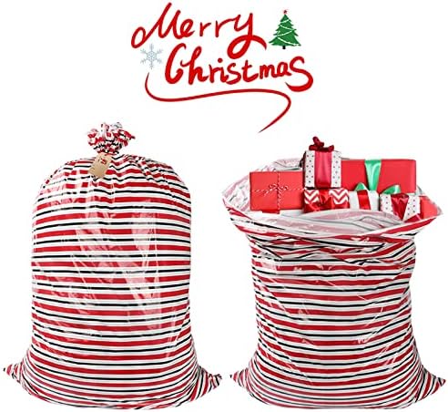 שקית מתנה לג'מבו לחג המולד של Lezakaa עם מחרוזת, תג מתנה, שקיות מתנה גדולות מפלסטיק עם פס אדום וברק ועיצוב משובץ לבן - 36 אינץ 'x 56 אינץ
