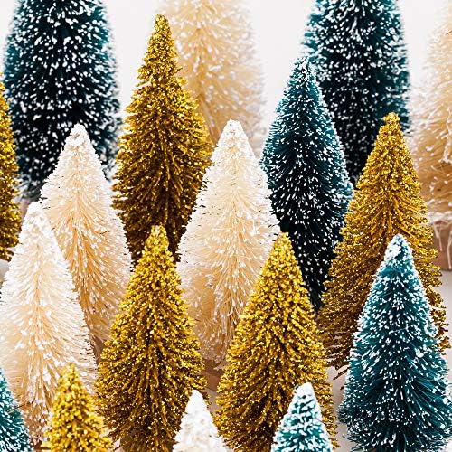 24 עצי חג מולד מלאכותיים של חטיפים, עצי סיסל עם עצי מברשת בקבוקי בסיס עץ לשולחן חג המולד תפאורה עליונה קישוטים לחורף קישוטים ירוקים, זהב ושנהב