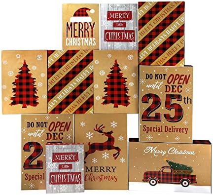 קופסאות מתנה לחג חג המולד של אייקוניקאל, 3 גדלים, עיצובים משובצים באפלו, 12 חבילה