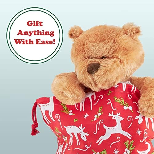XL לשימוש חוזר איילים מחדש שקית מתנה לבס חג המולד לילדים - דפוס חמוד עטיפת חג אלטרנטיבה - שק בד גדול עם שרטוט דלוקס למתנות גדולות - גרב גדול במיוחד 26 x 19