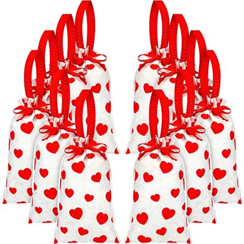 12 יח 'שקיות מתנה של ולנטיין שקיות מתנה לשרטט בד לחג המולד ולנטיין מתנות לשימוש חוזר שקית מתנה לב לחברה חבר יום השנה לחתונה יום הולדת למקלחת כלה, 7.9''X15.8' '
